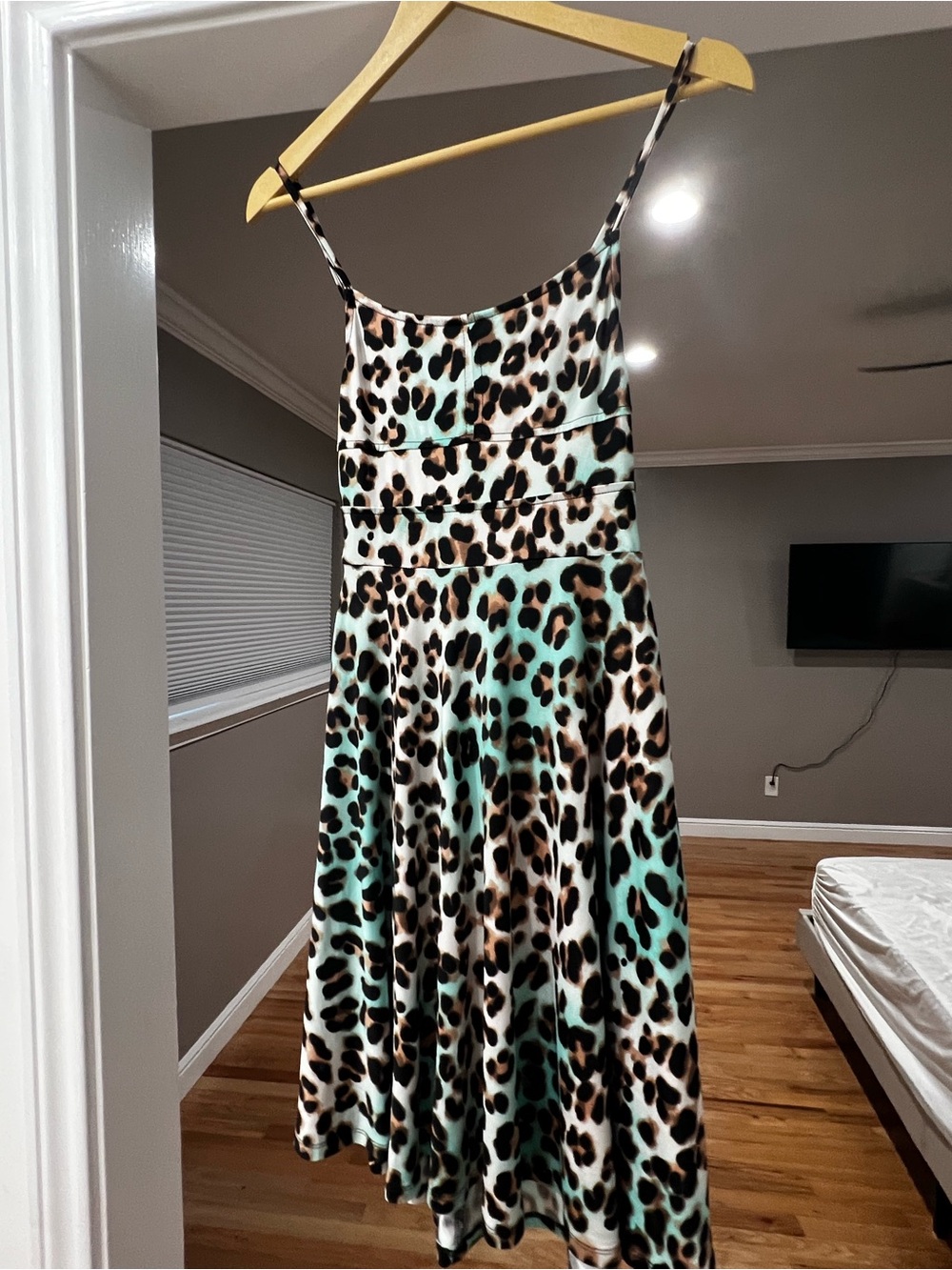 Leopard Print Spaghetti Strap Midi Dress in Mint and Brown